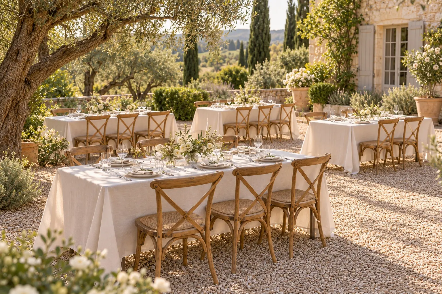 Plusieurs tables de réception installées dans le jardin d’un domaine provençal